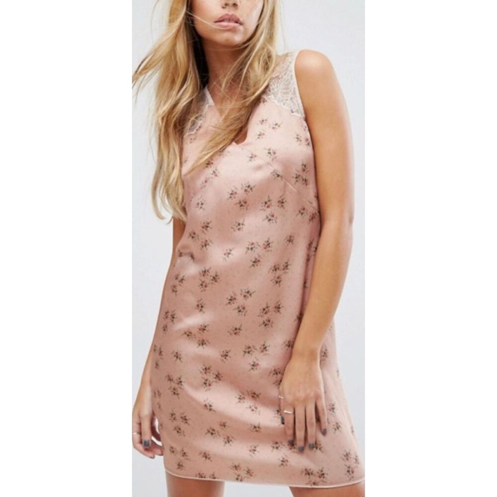 AllSaints Prism Rosalie Floral Satin Lace Mini Dress Peach Pink Size 2